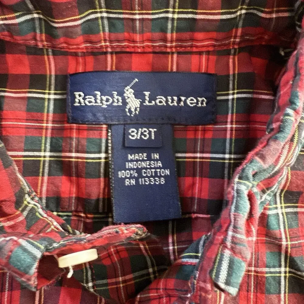 Ralph Lauren Boys Toddler Plaid Button Down Shirt Size 3T Red Short Sleeve